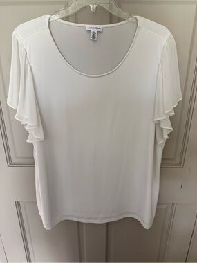 Calvin Klein White Ruffle Sleeve Scoop Neck Blouse